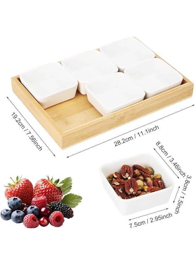 أوعية سيراميك للوجبات الخفيفة مع صينية من الخيزران، أوعية تقديم مقسمة وأطباق تقديم للضيافة والحفلات، أطباق تقديم قابلة للإزالة للرقائق والصلصات والفواكه والخضراوات والحلويات والوجبات الخفيفة، ديكور مطبخ - Image 3